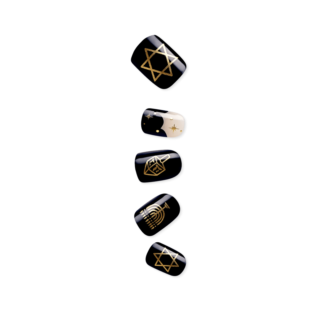 Five black nails with gold designs, including a Star of David, starry night, and menorah.